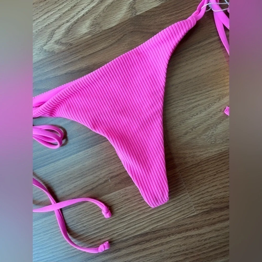 Frankies Bikinis Sky Ribbed Bikini Bottom in Pink Punch NWT